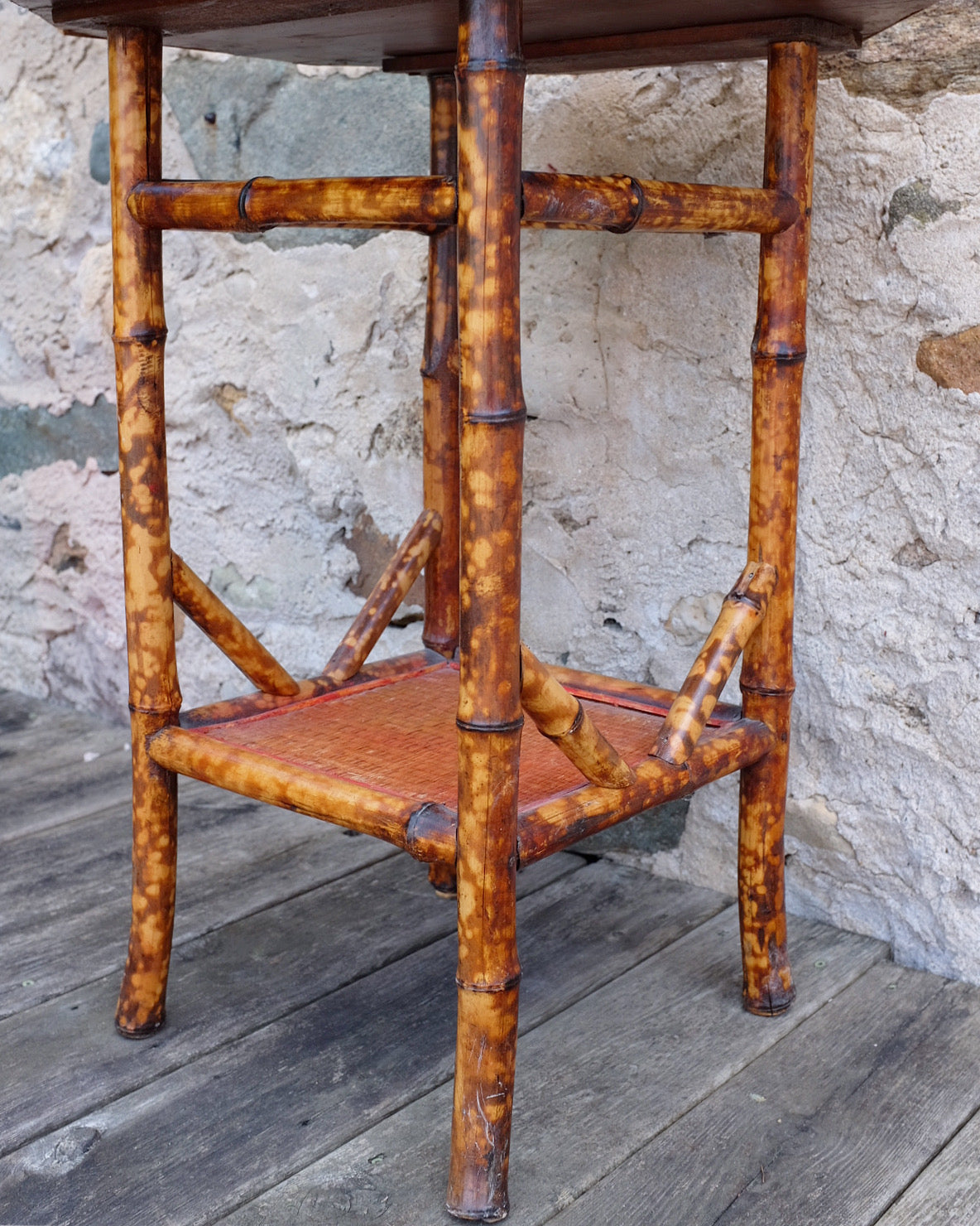 English Floral Top Octagonal Burnt Bamboo Table