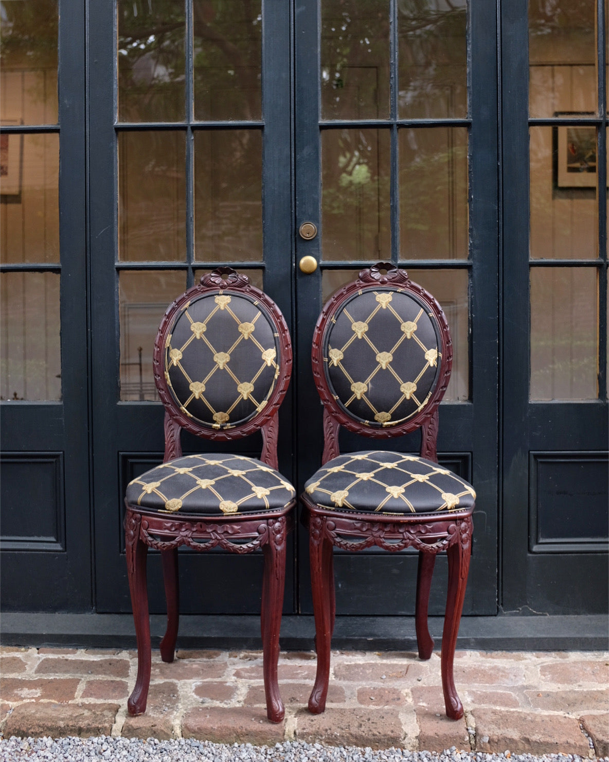 Pair of Rams Head Upholstered Small Occasional Chairs