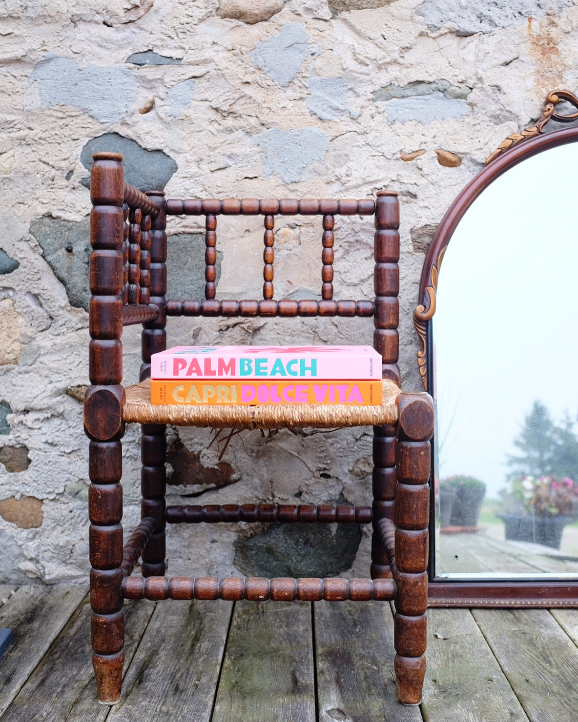 Antique French Bobbin Corner Chair with Rush Seat