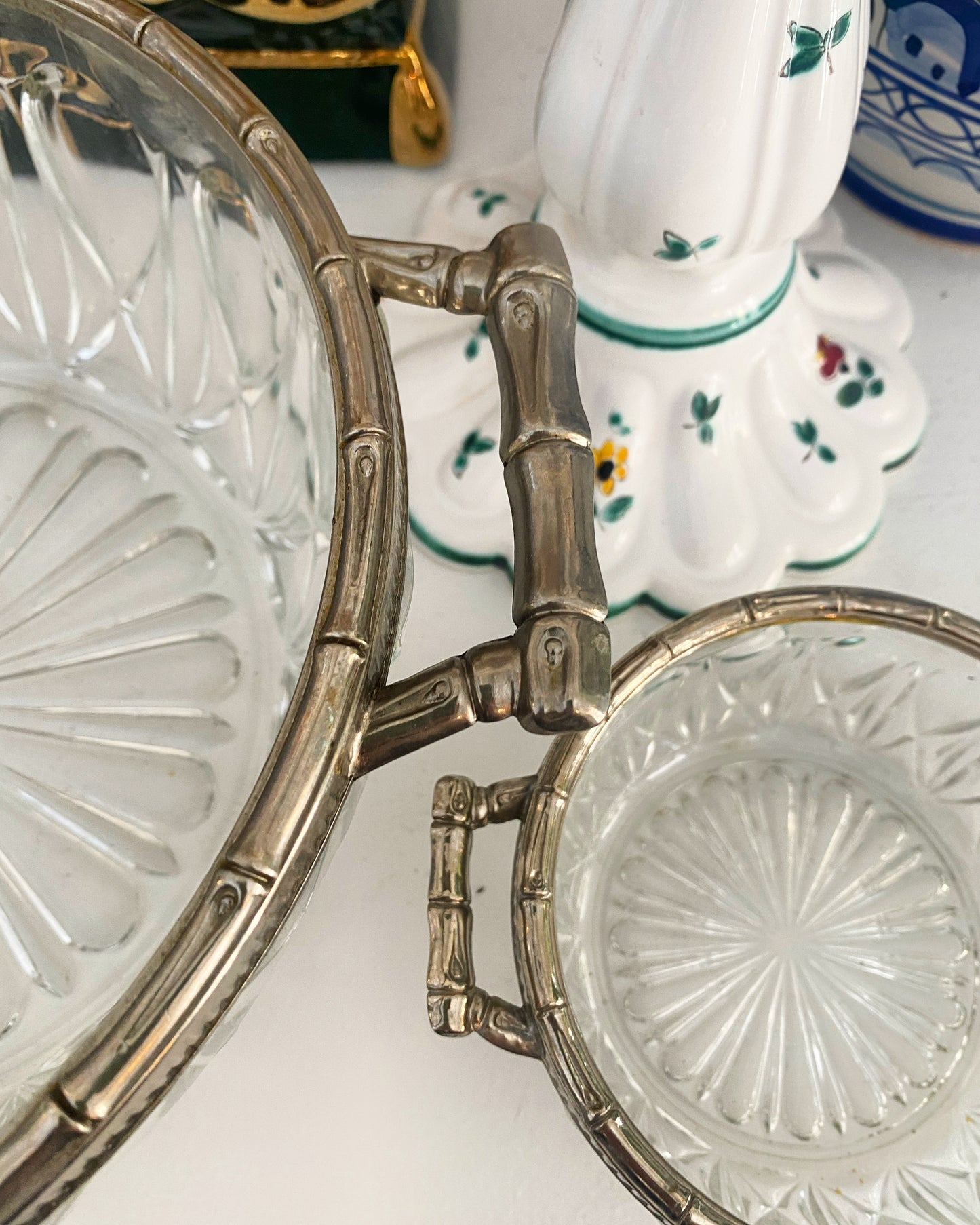 Cut Glass Bowls with Silver Faux Bamboo Trim