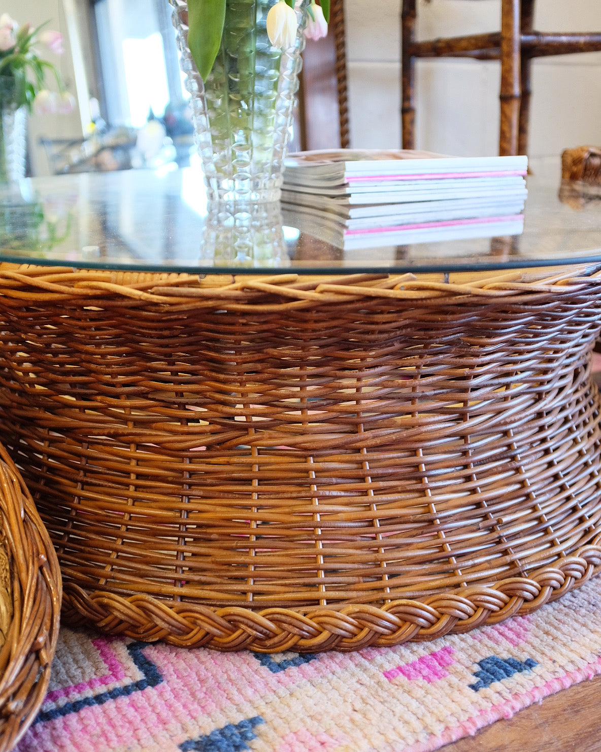 Round Glass Top Wicker Coffee Table