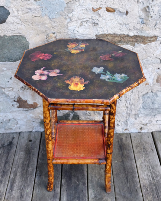 English Floral Top Octagonal Burnt Bamboo Table