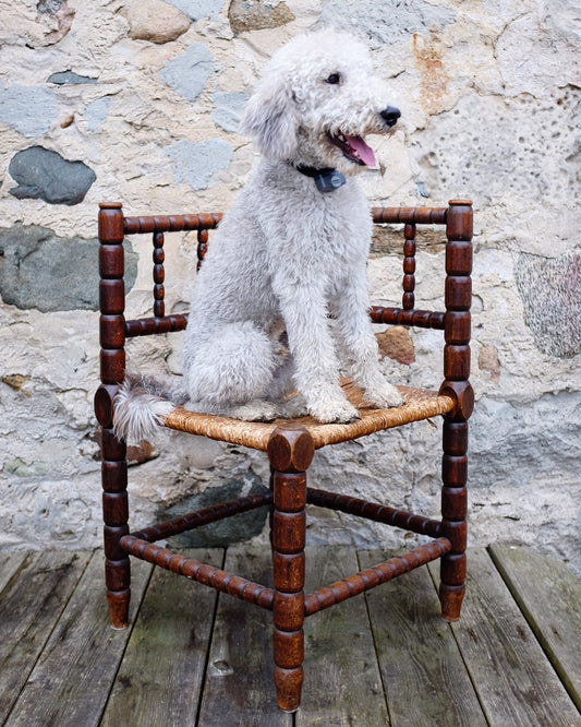 Antique French Bobbin Corner Chair with Rush Seat