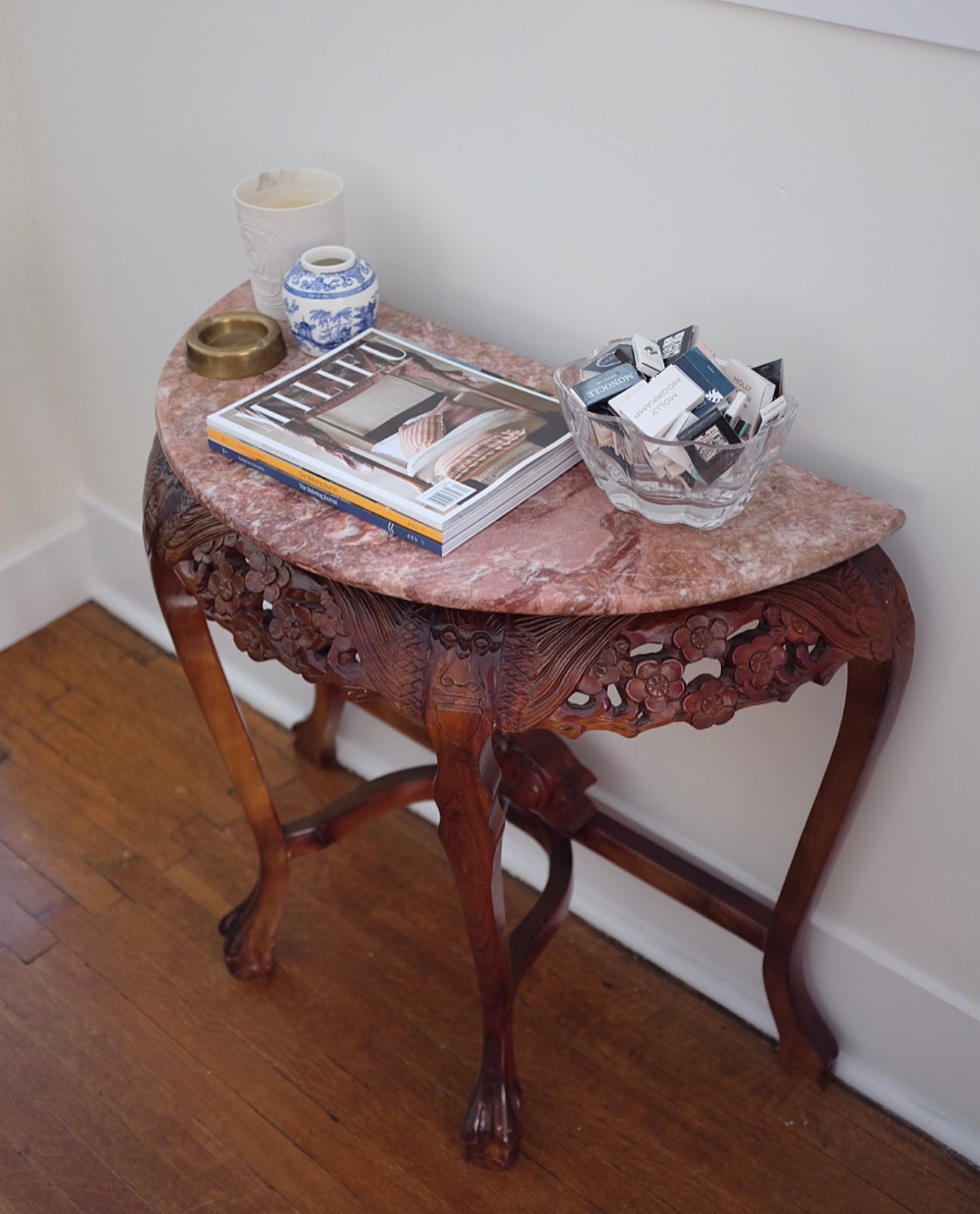 Carved Demi Lune Table with Pink Marble Top