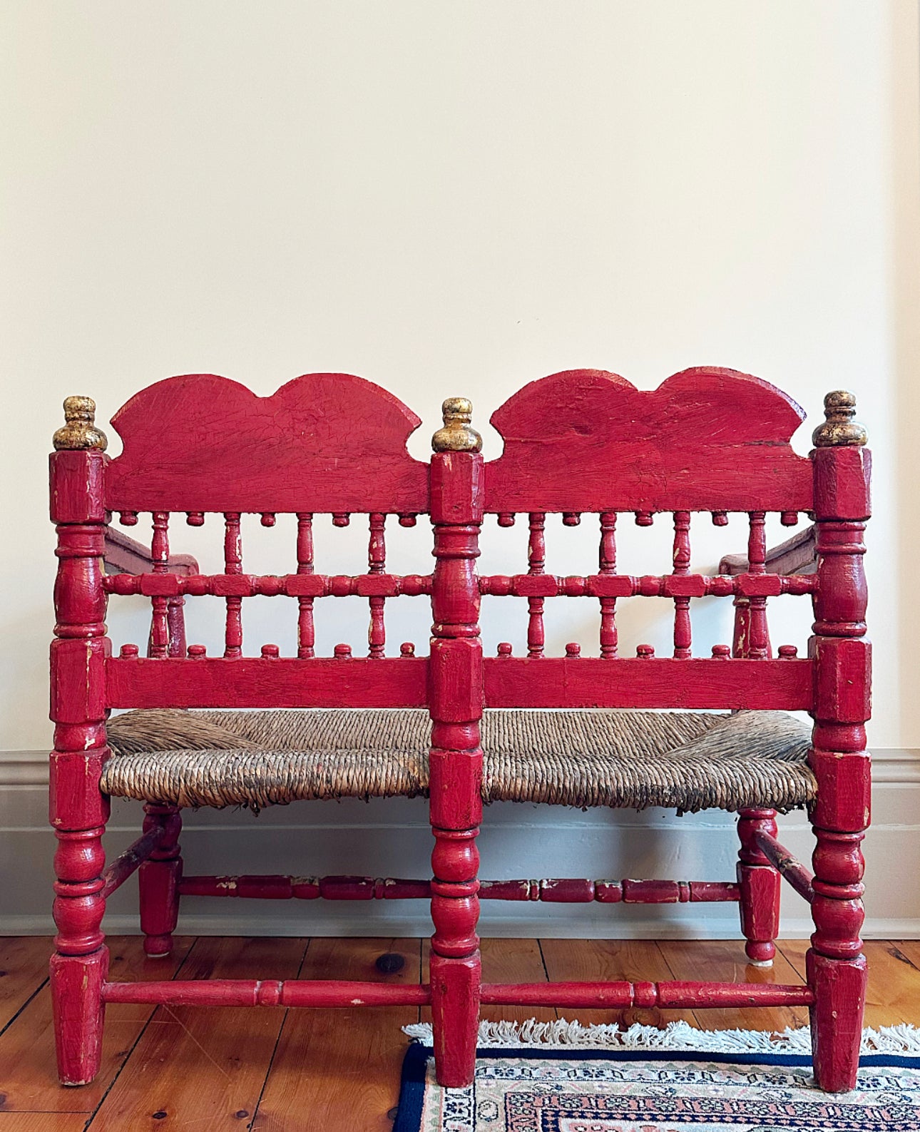 19th Century Spanish Andalusian Polychrome Red and Gold Bench
