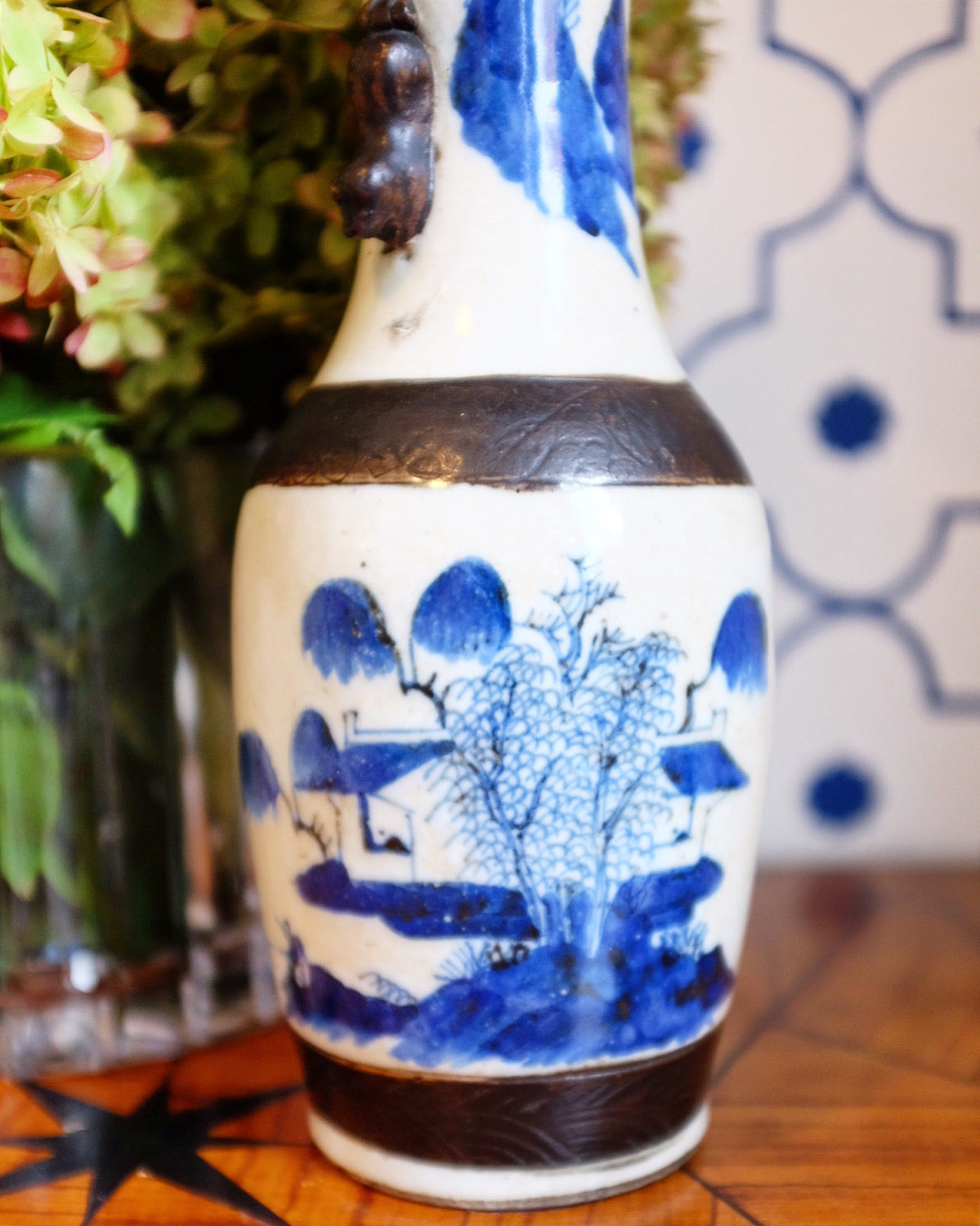 Small Blue and White Lamp with Brass Details