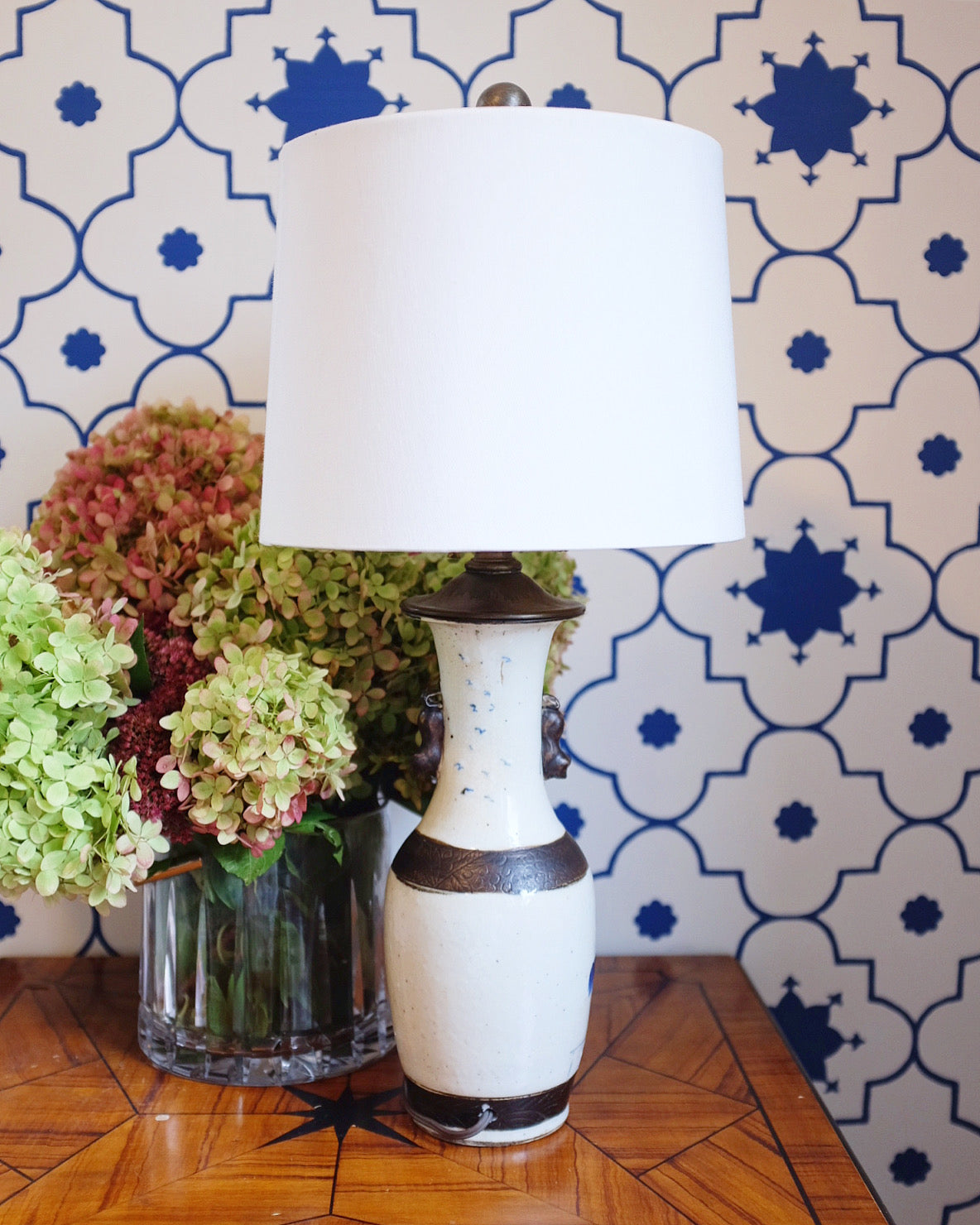 Small Blue and White Lamp with Brass Details