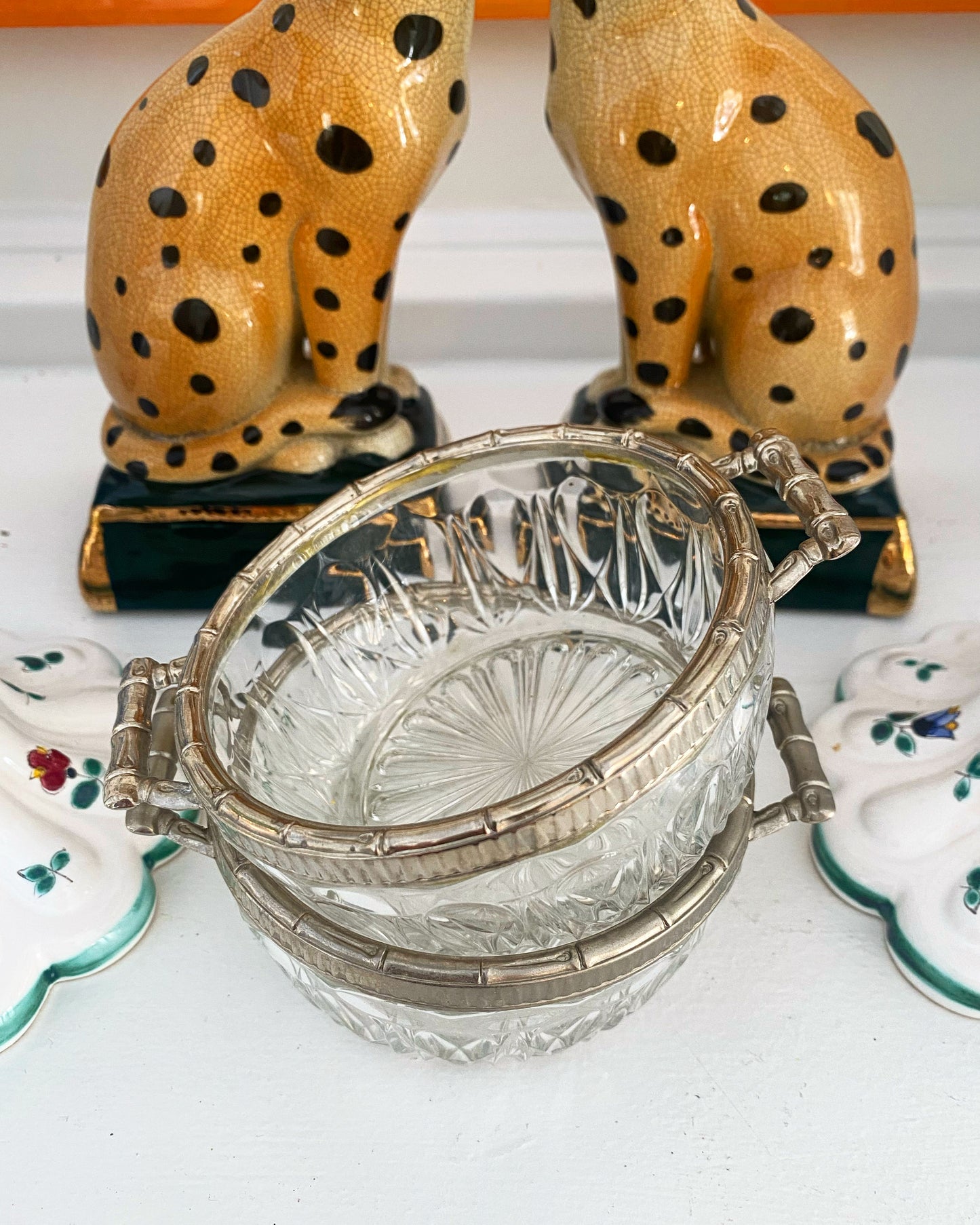 Cut Glass Bowls with Silver Faux Bamboo Trim