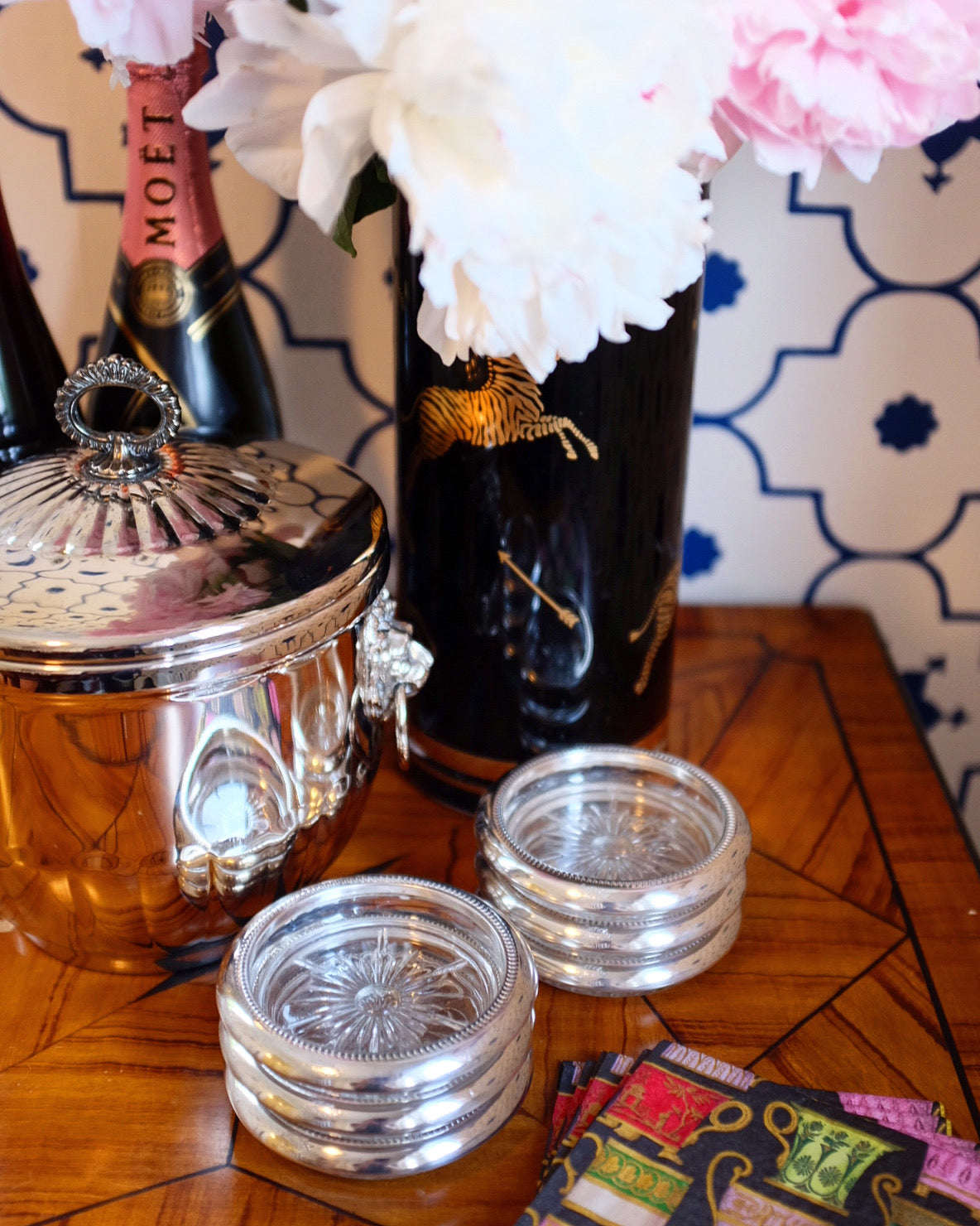 1960s Leonard Italian Silverplate and Glass Coasters