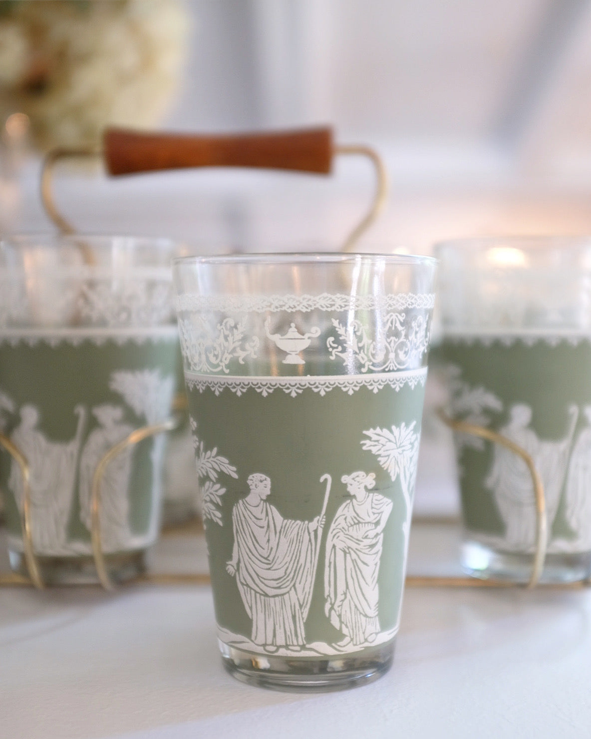 Hellenic Wedgwood Greek Green Jasperware Glasses & Caddy