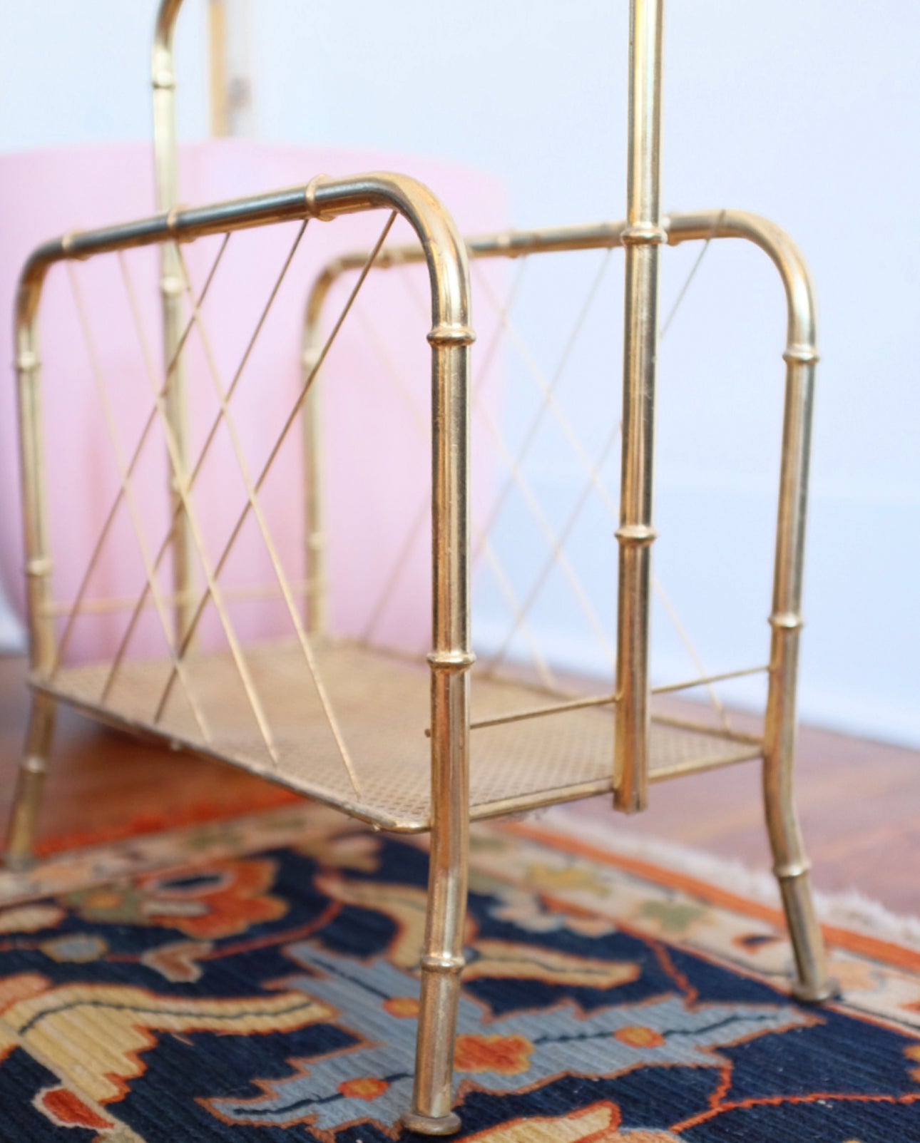 Brass Faux Bamboo and Cane Magazine Rack