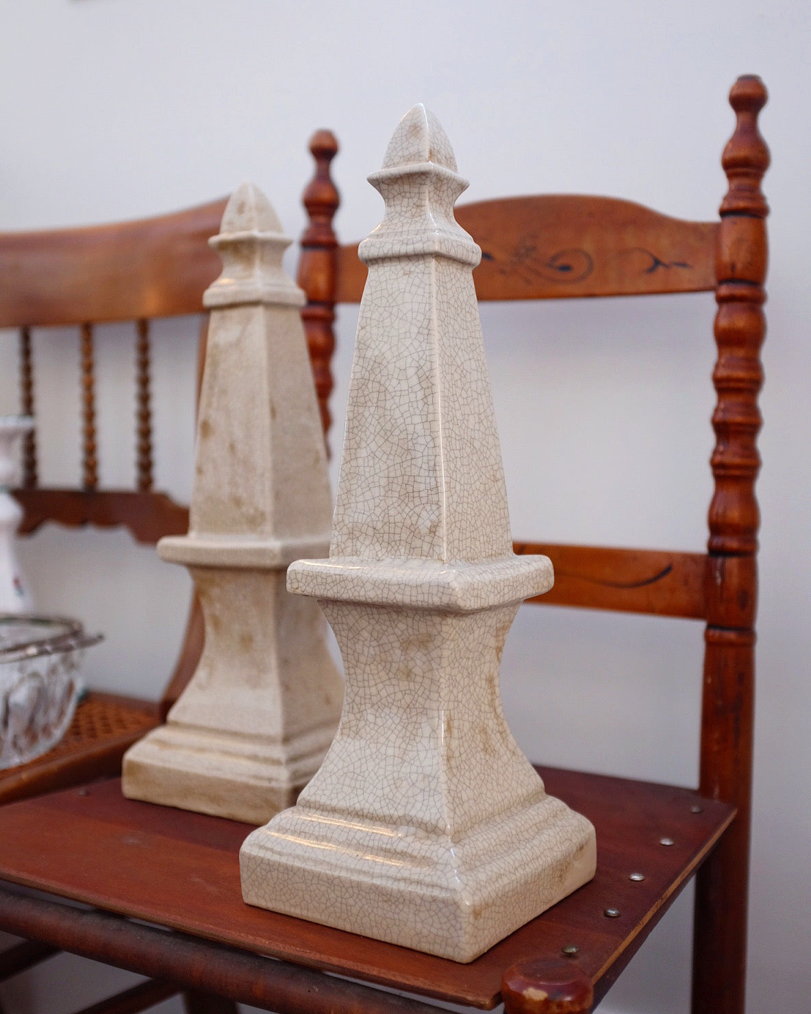 Pair of Beige Crackle Obelisks