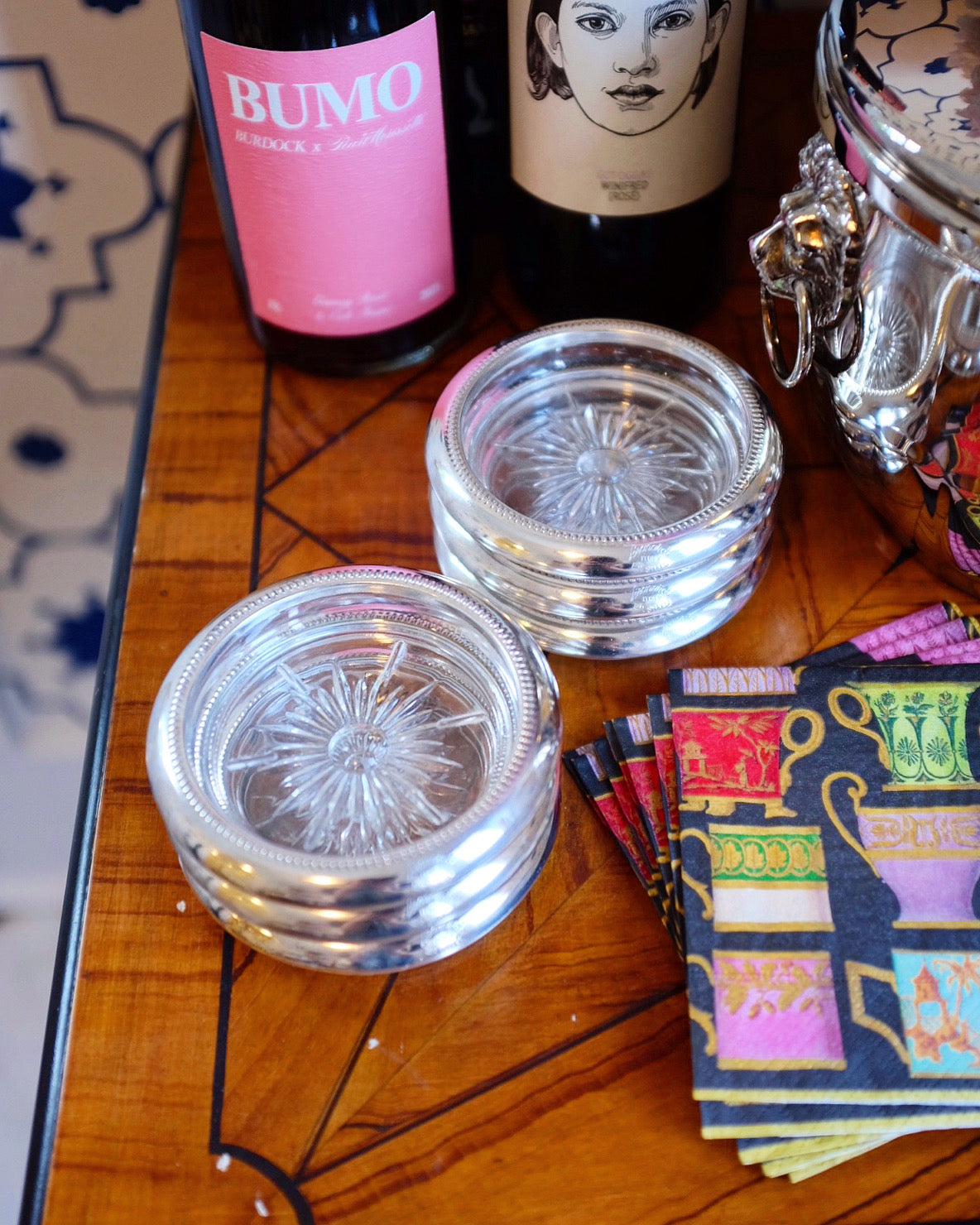 1960s Leonard Italian Silverplate and Glass Coasters