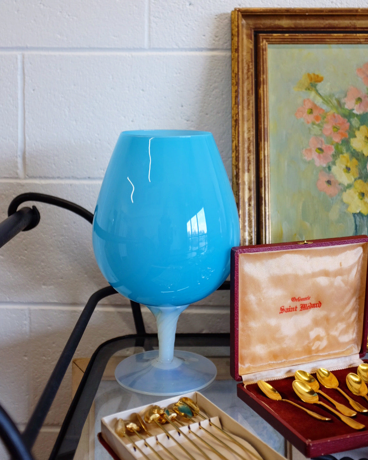 Large French Blue Opaline Goblet