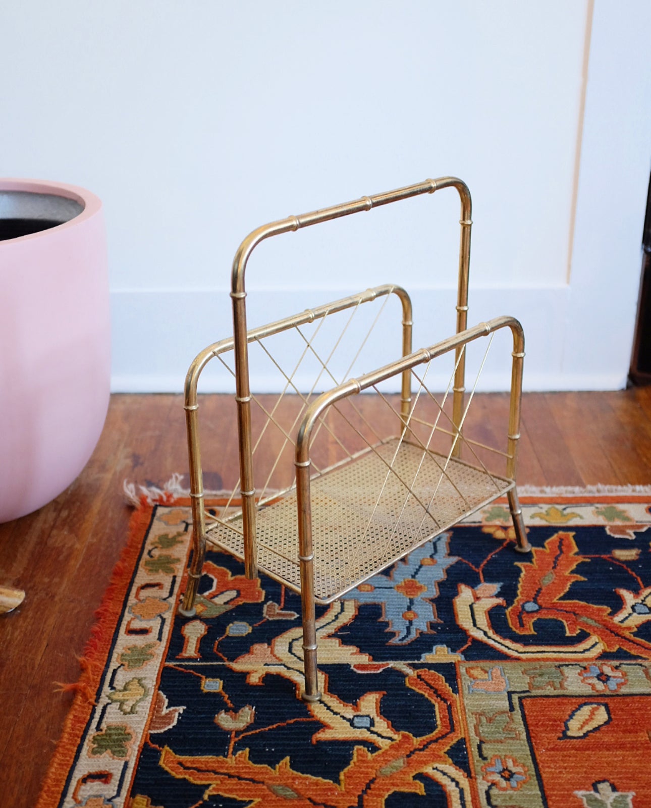 Brass Faux Bamboo and Cane Magazine Rack