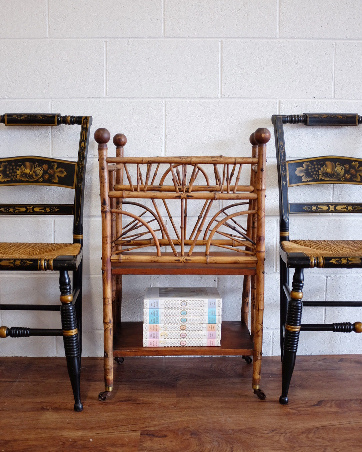 1930s Burnt Bamboo Magazine Rack on Casters