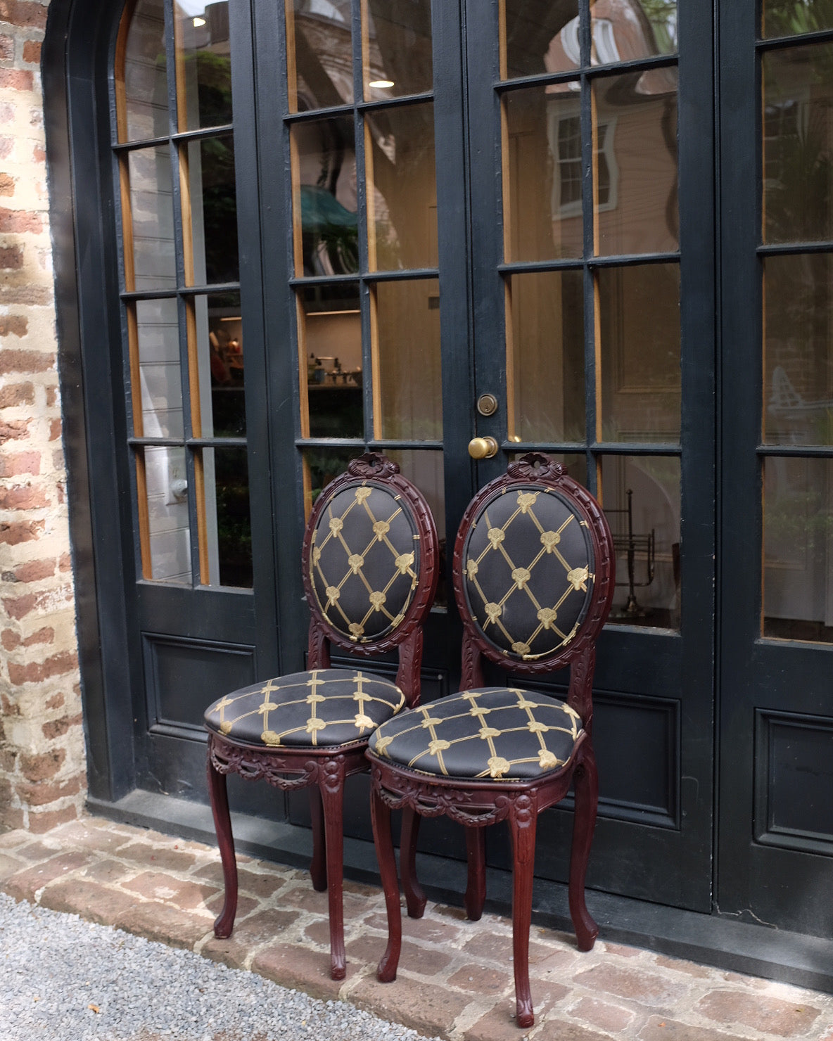 Pair of Rams Head Upholstered Small Occasional Chairs