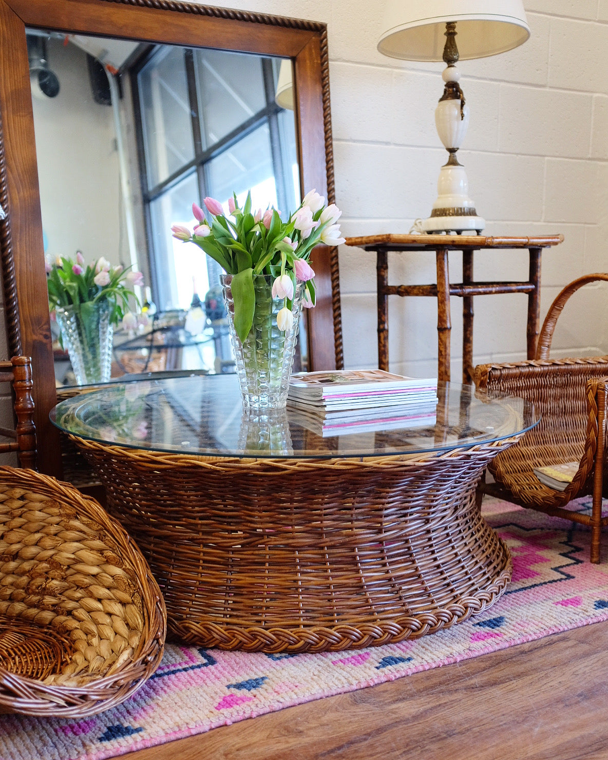 Round Glass Top Wicker Coffee Table