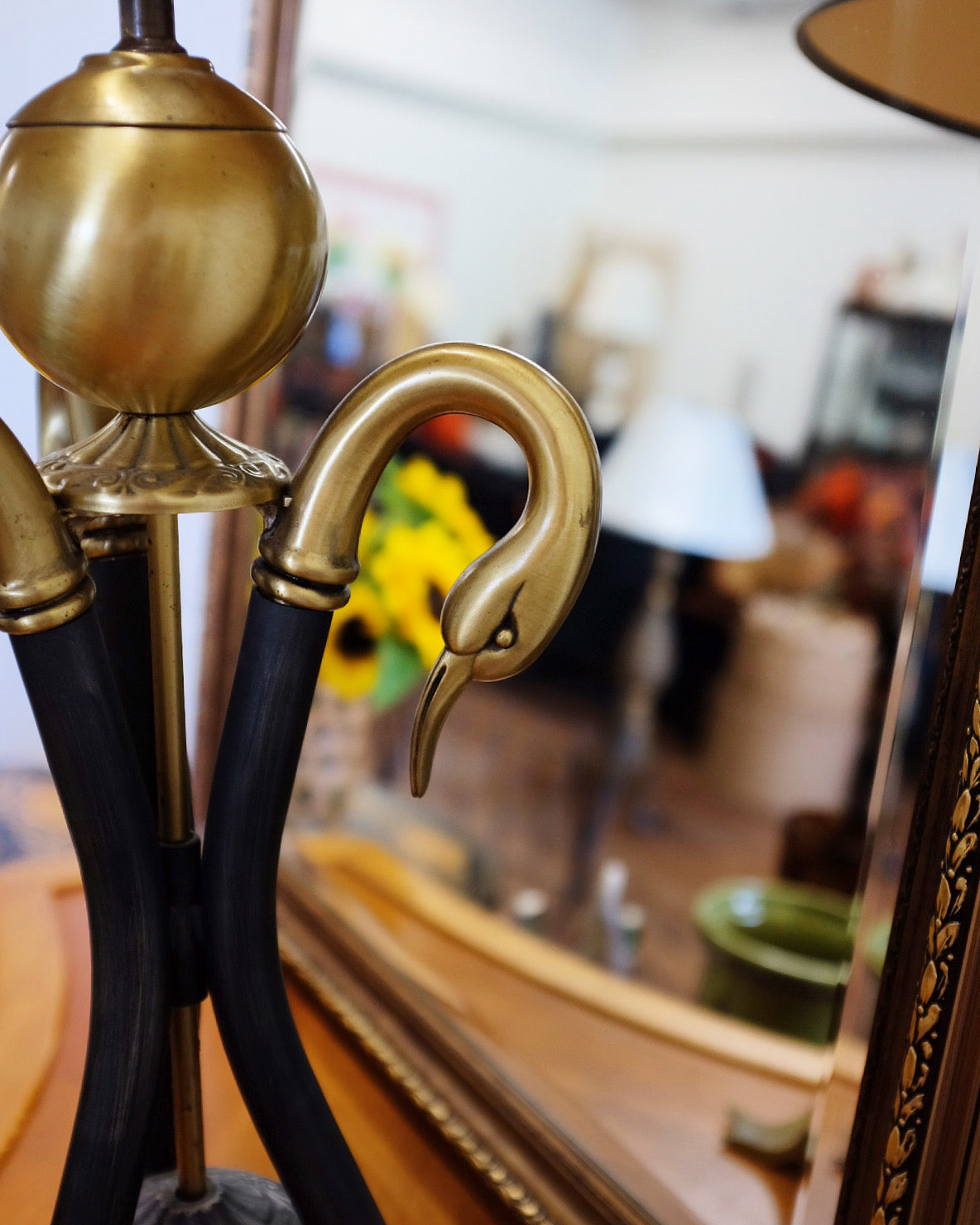 Black Metal and Brass Swan Lamp