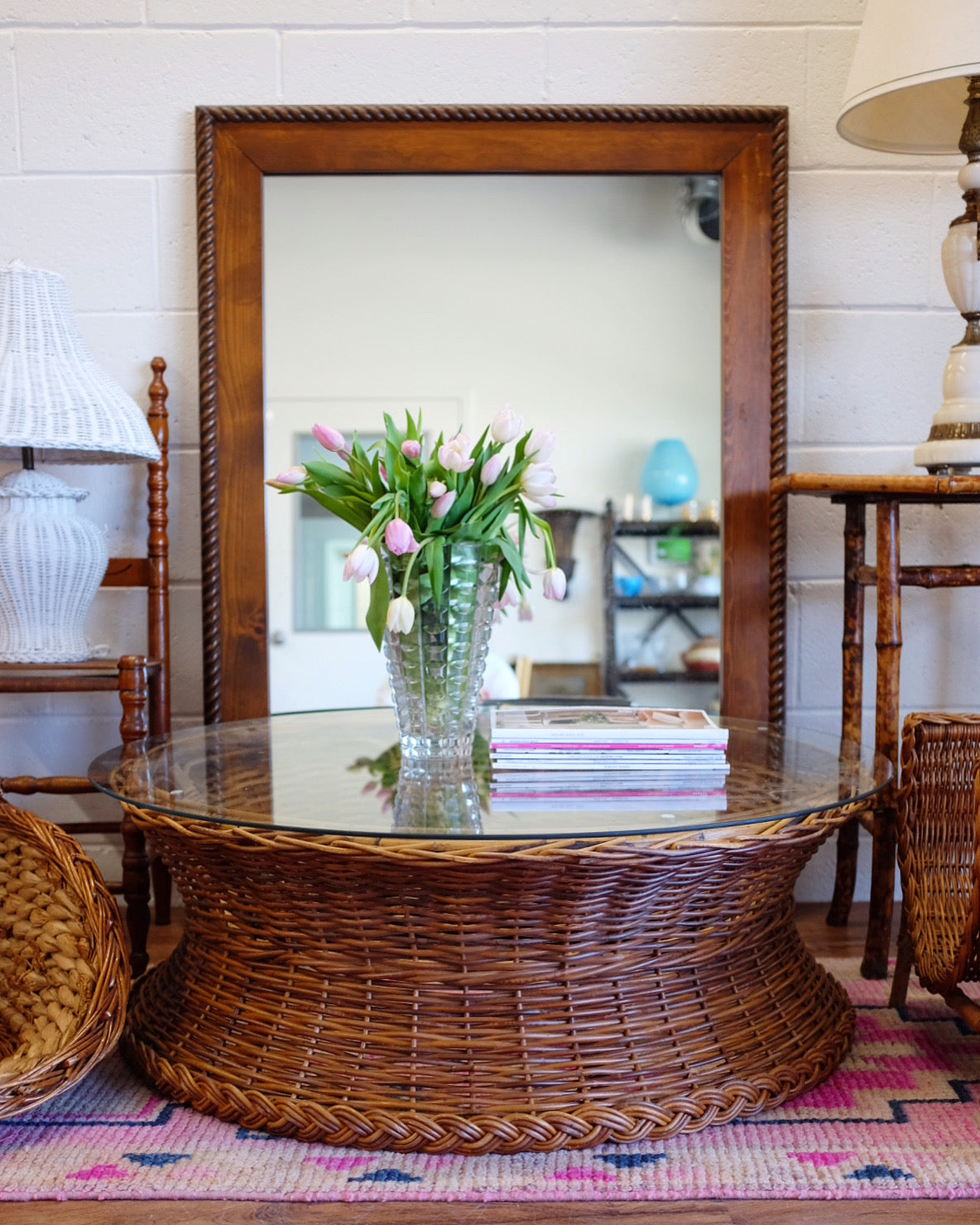 Round Glass Top Wicker Coffee Table