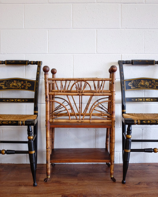 1930s Burnt Bamboo Magazine Rack on Casters