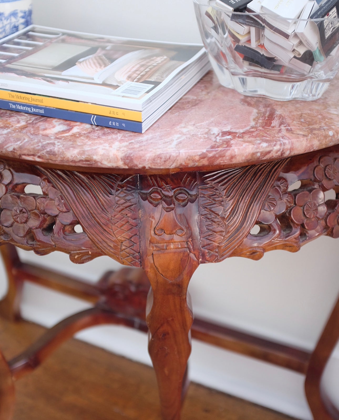 Carved Demi Lune Table with Pink Marble Top
