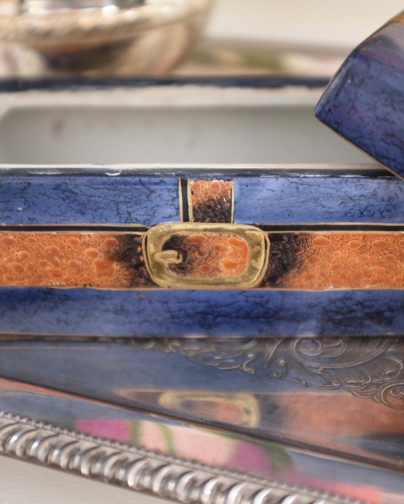 Navy Blue and Brown Ceramic Box with Equestrain