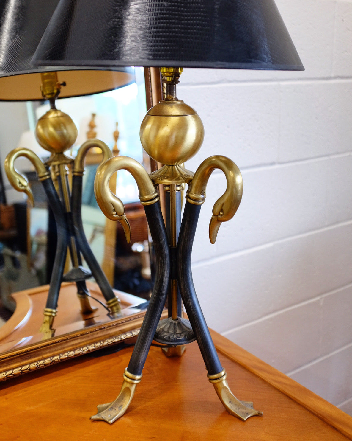 Black Metal and Brass Swan Lamp