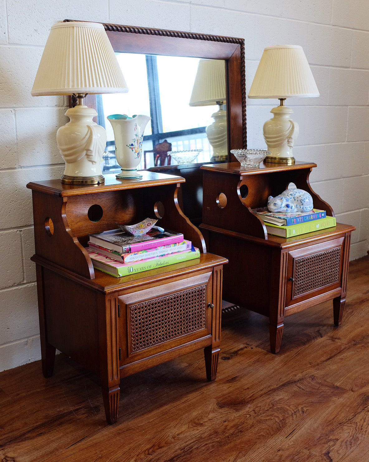 Pair of Nightstands with Cane Door