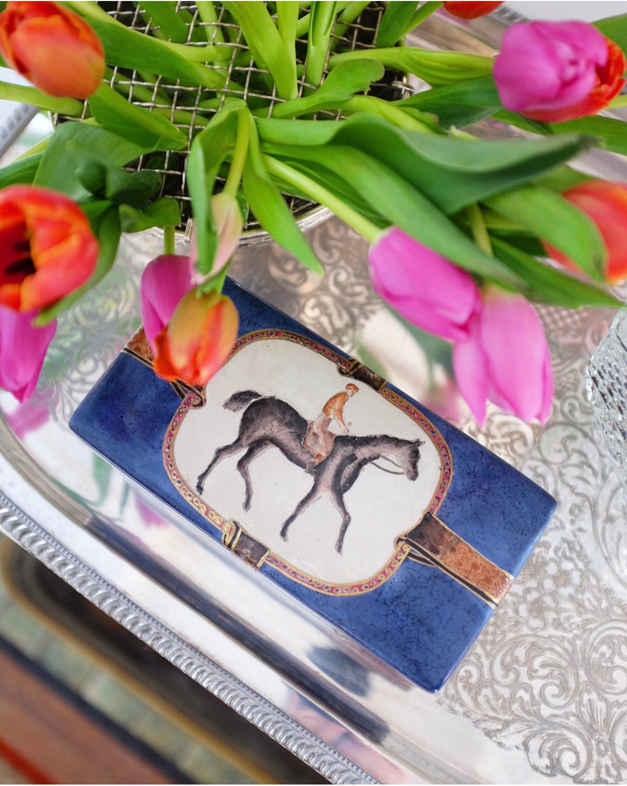 Navy Blue and Brown Ceramic Box with Equestrain