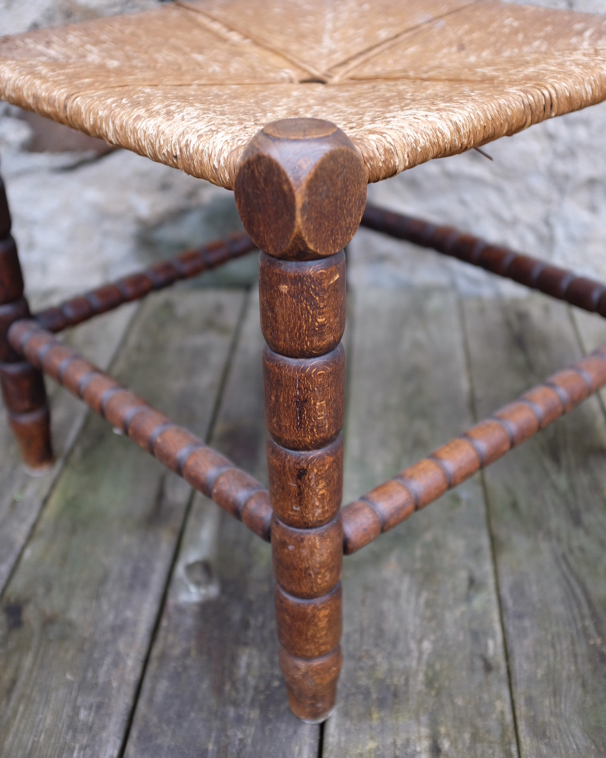 Antique French Bobbin Corner Chair with Rush Seat
