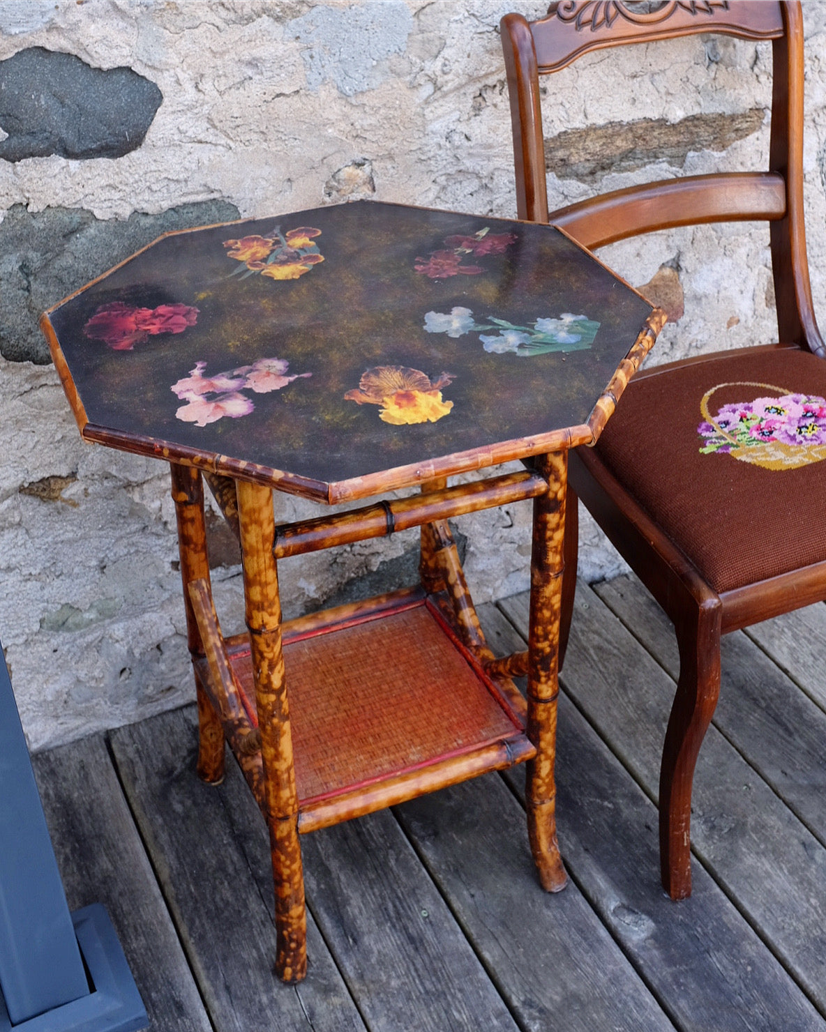 English Floral Top Octagonal Burnt Bamboo Table