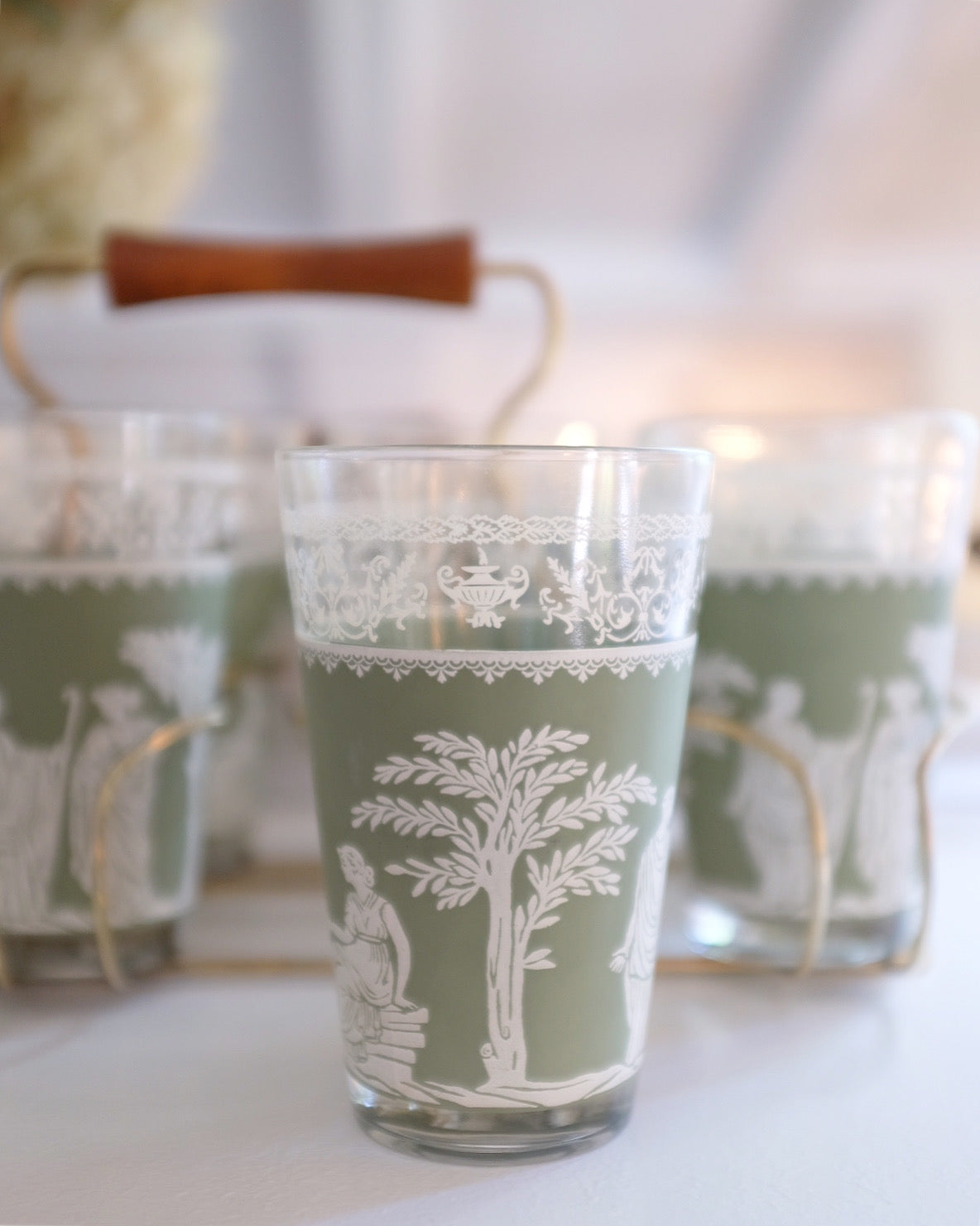 Hellenic Wedgwood Greek Green Jasperware Glasses & Caddy