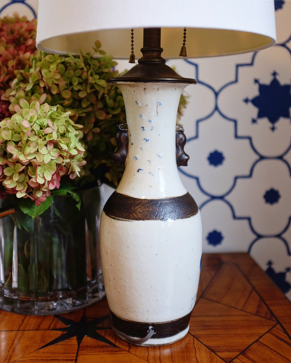 Small Blue and White Lamp with Brass Details