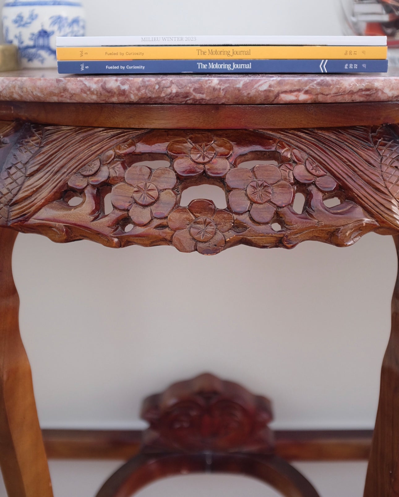Carved Demi Lune Table with Pink Marble Top