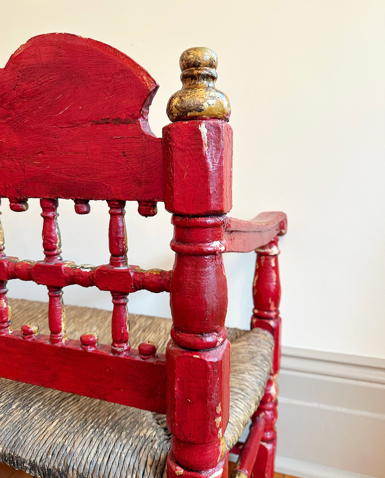 19th Century Spanish Andalusian Polychrome Red and Gold Bench