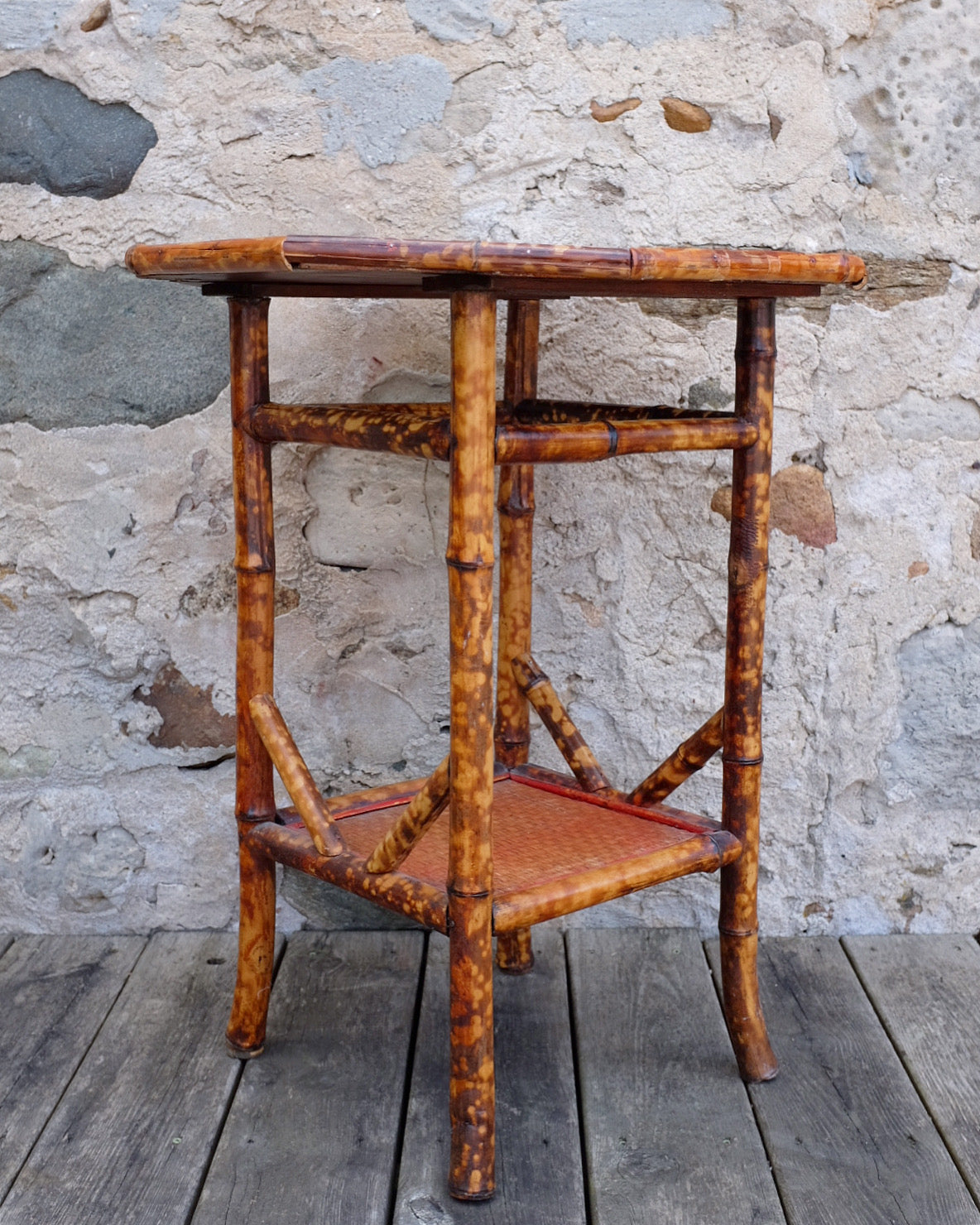 English Floral Top Octagonal Burnt Bamboo Table