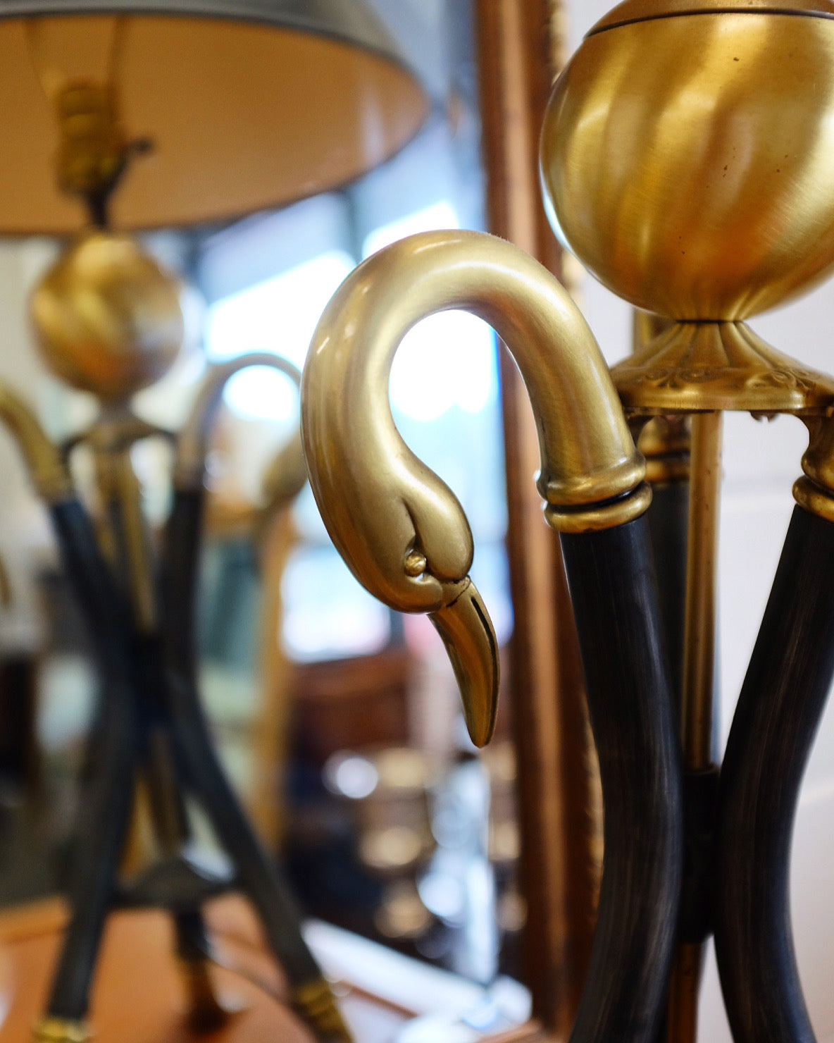Black Metal and Brass Swan Lamp
