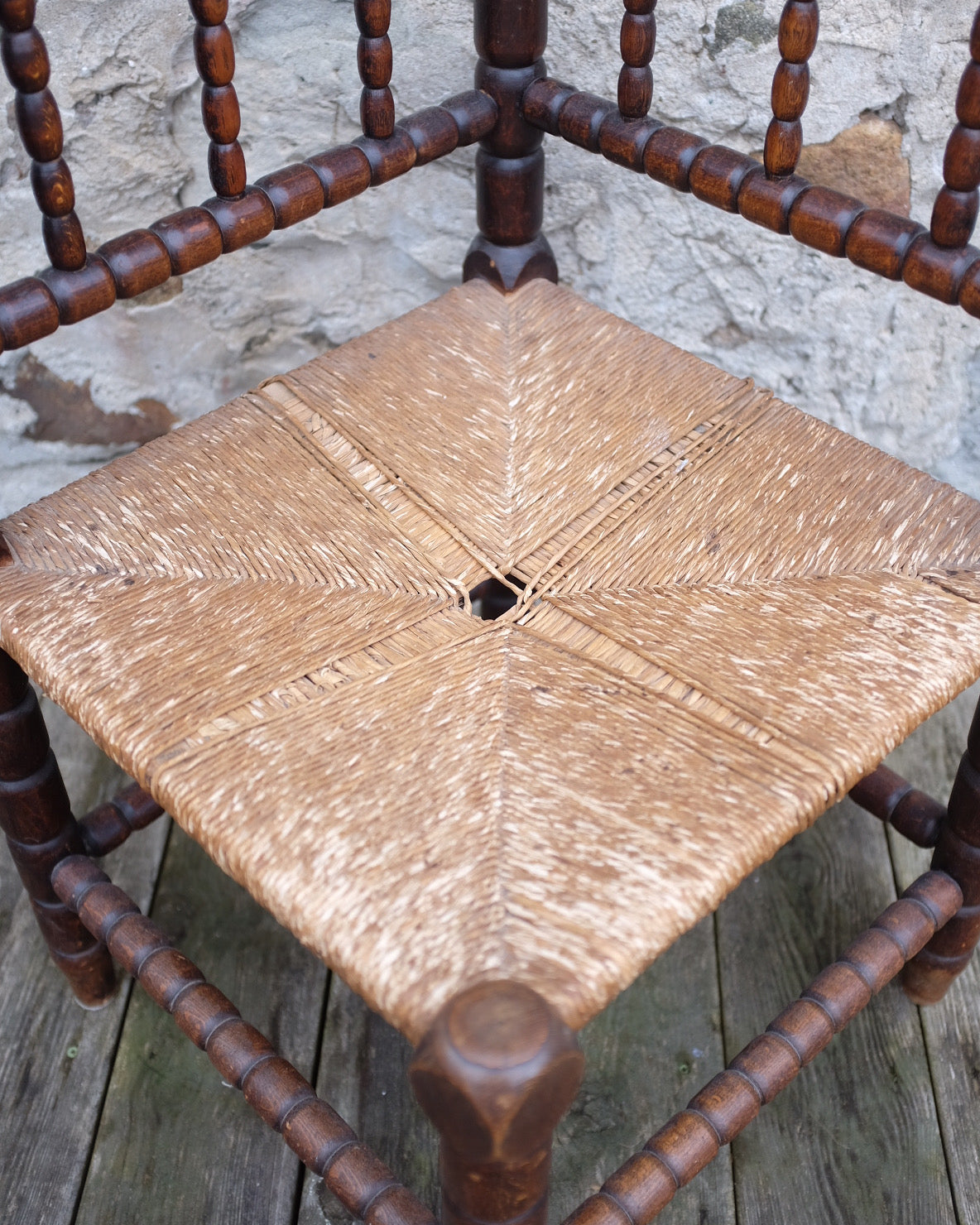 Antique French Bobbin Corner Chair with Rush Seat