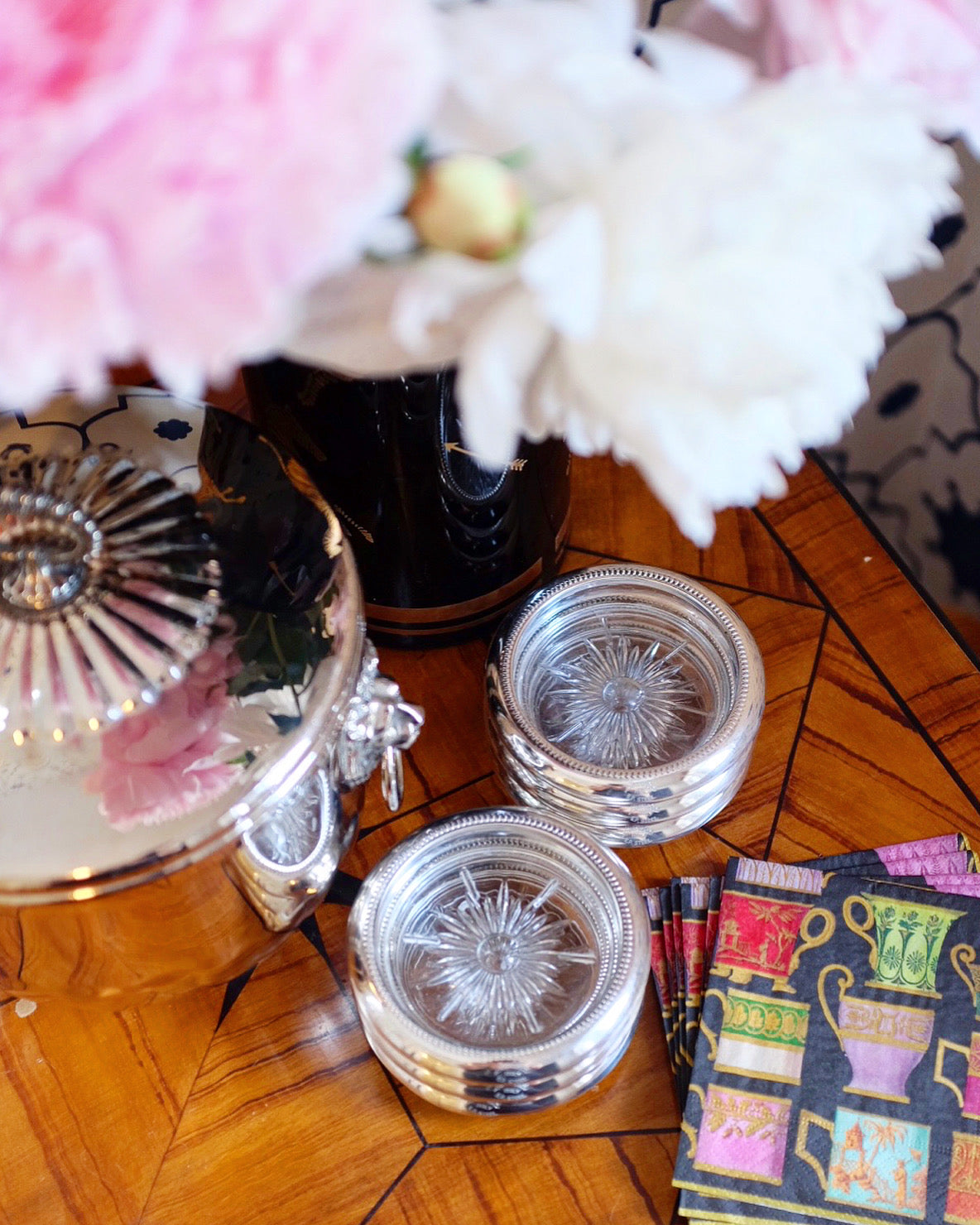 1960s Leonard Italian Silverplate and Glass Coasters