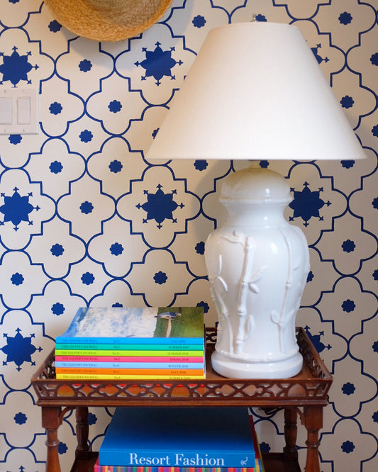 White Ginger Jar Lamp with Bamboo Details