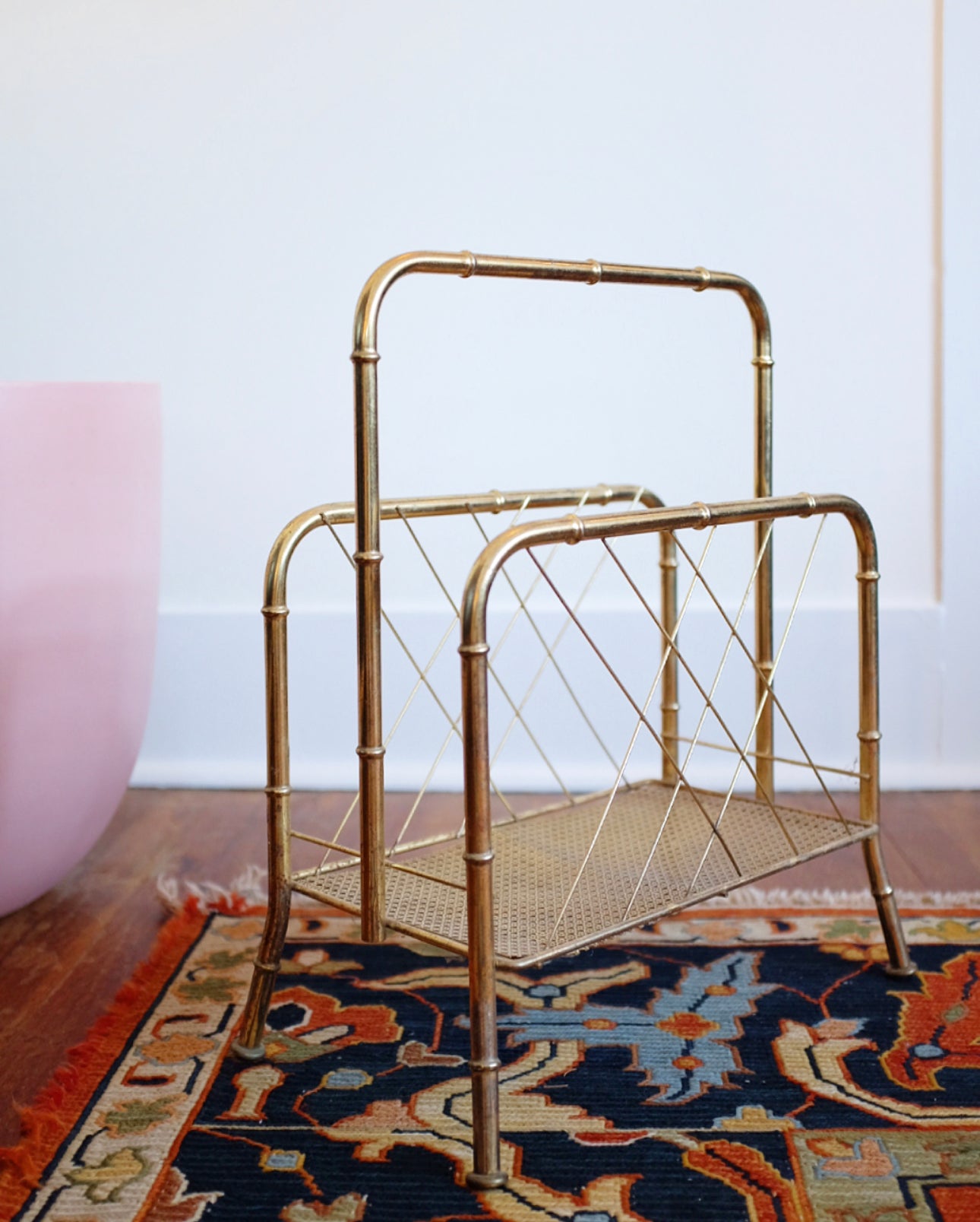 Brass Faux Bamboo and Cane Magazine Rack