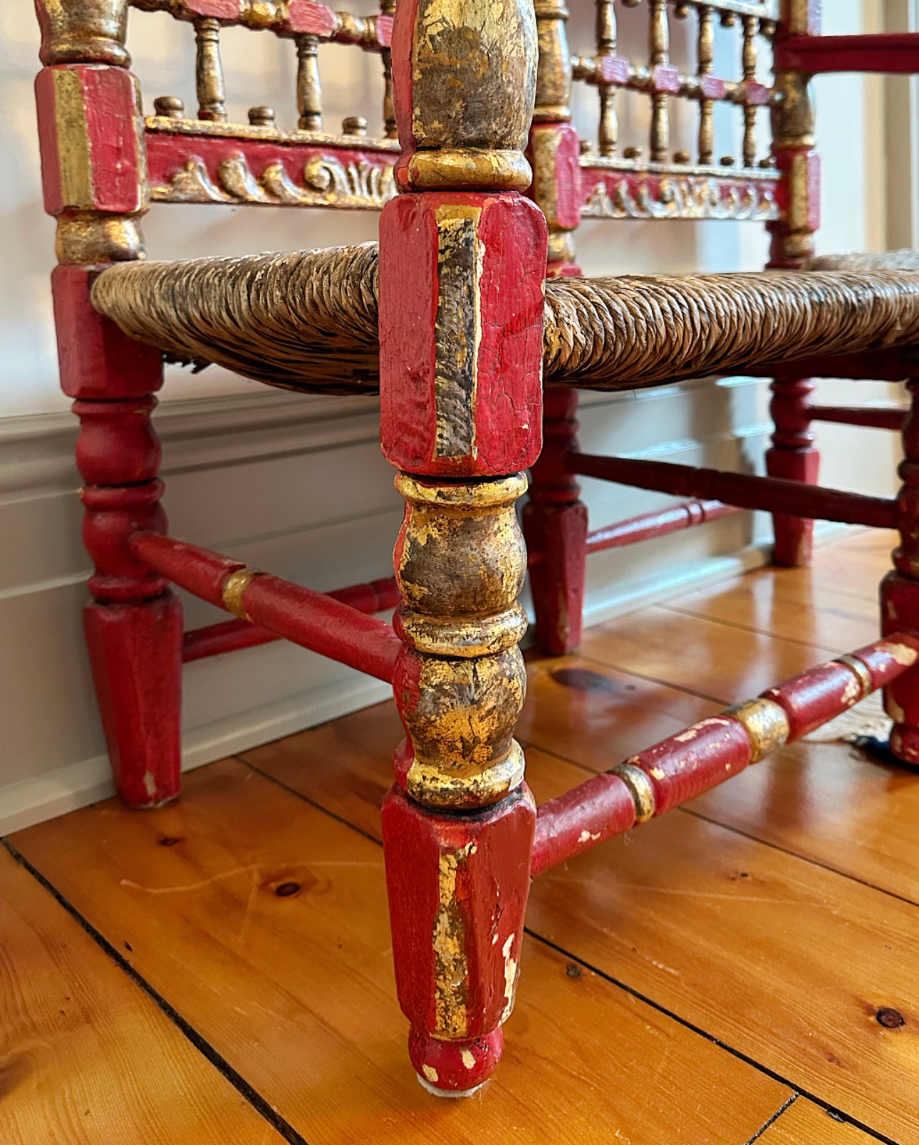 19th Century Spanish Andalusian Polychrome Red and Gold Bench