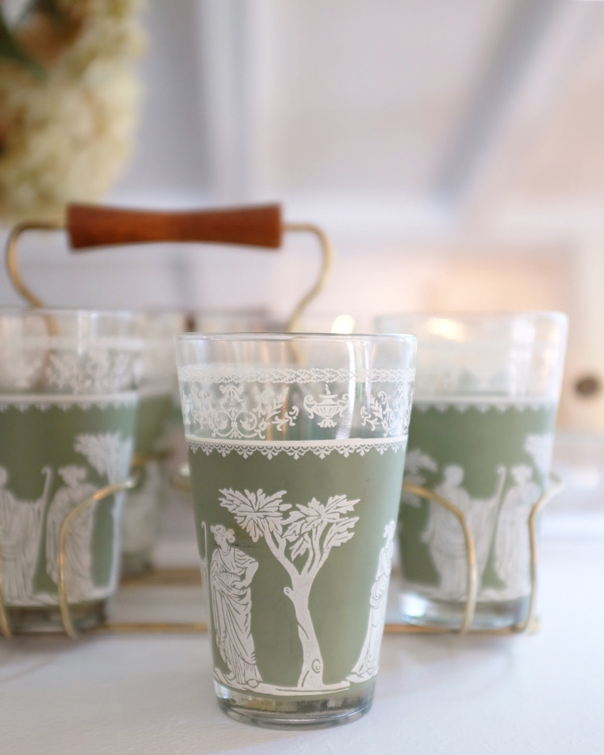 Hellenic Wedgwood Greek Green Jasperware Glasses & Caddy