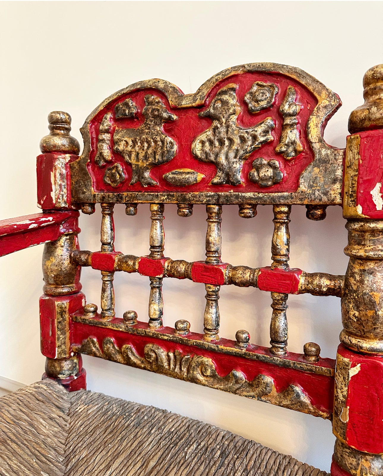 19th Century Spanish Andalusian Polychrome Red and Gold Bench