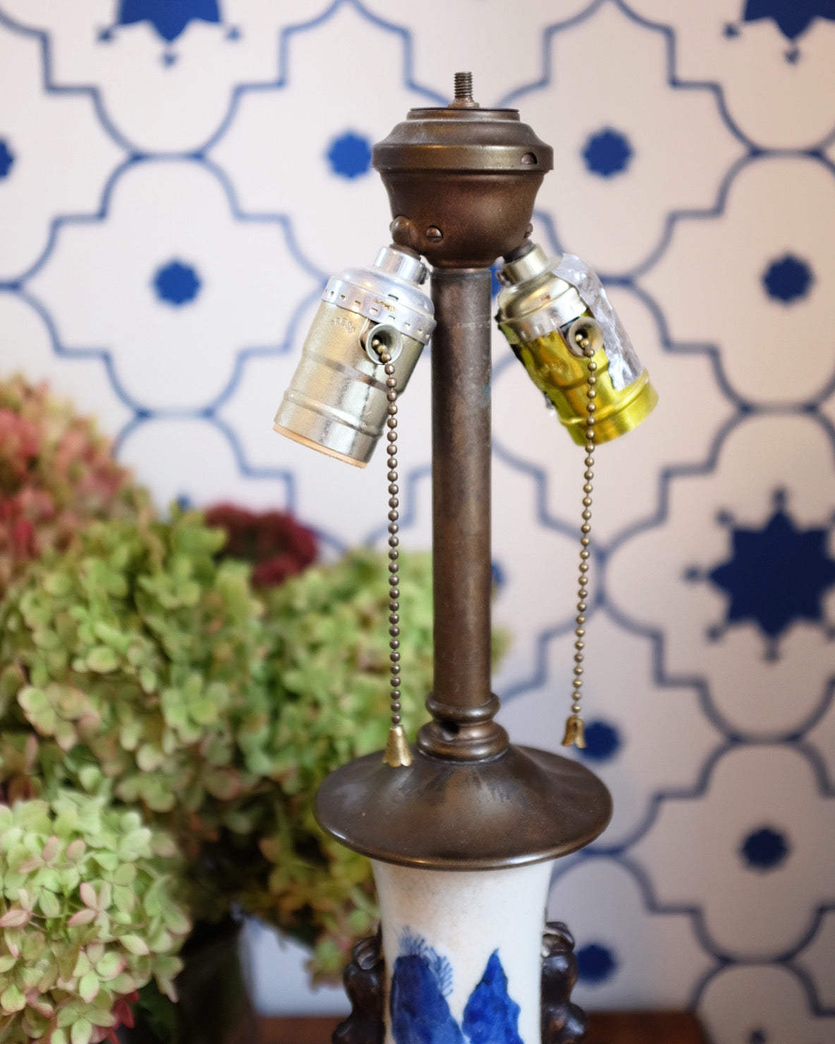 Small Blue and White Lamp with Brass Details