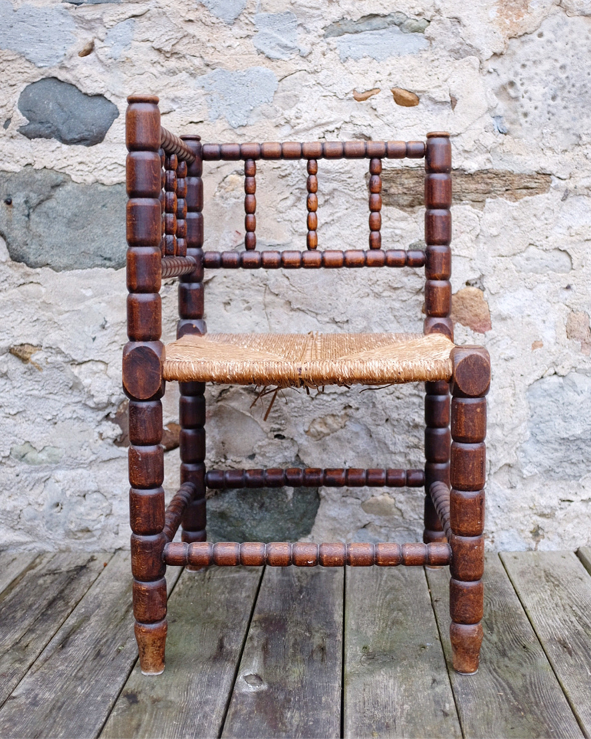 Antique French Bobbin Corner Chair with Rush Seat