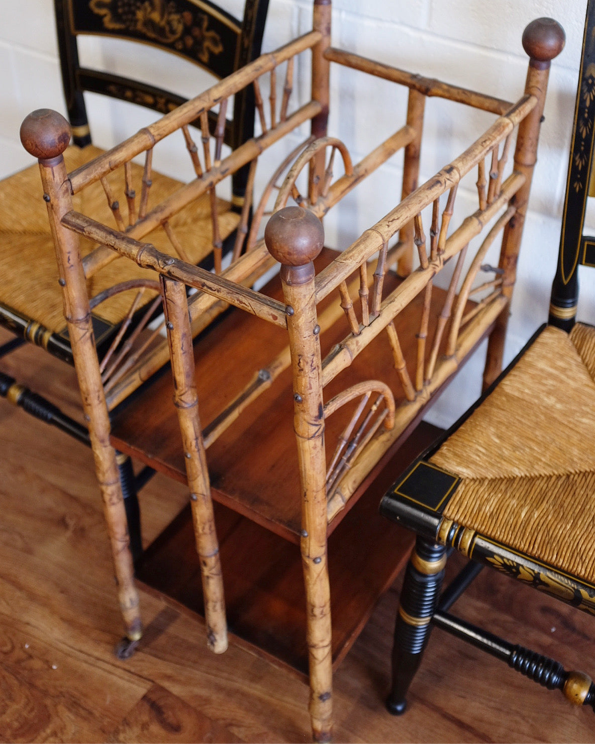 1930s Burnt Bamboo Magazine Rack on Casters