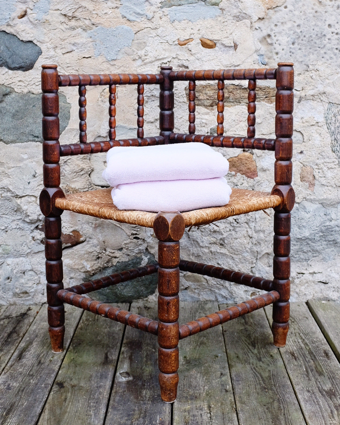 Antique French Bobbin Corner Chair with Rush Seat