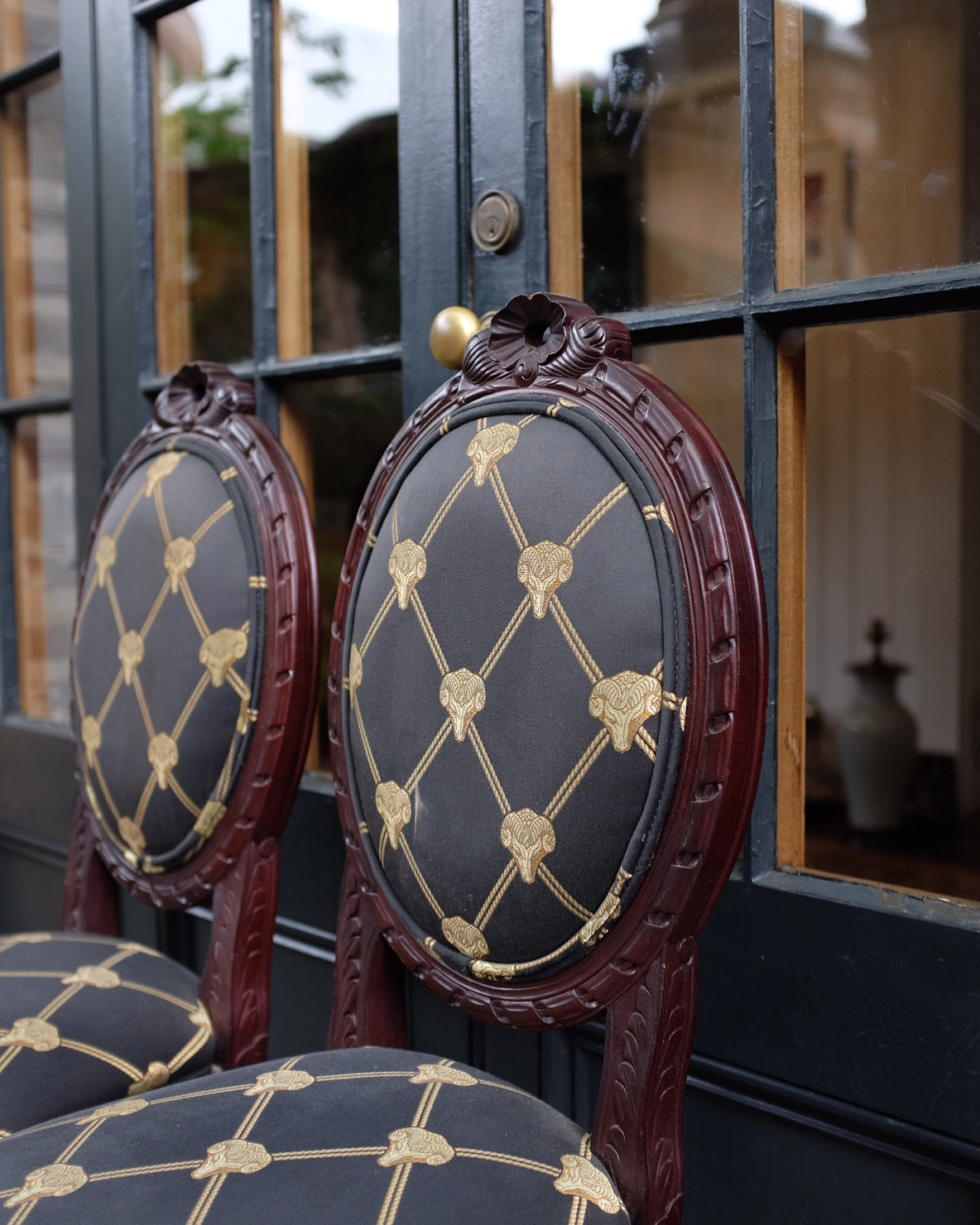 Pair of Rams Head Upholstered Small Occasional Chairs